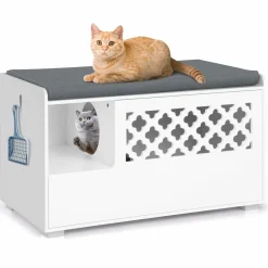 Tangkula Cat Litter Box Enclosure, Hidden Litter Box with Removable Cushion & Flip-Down Opening