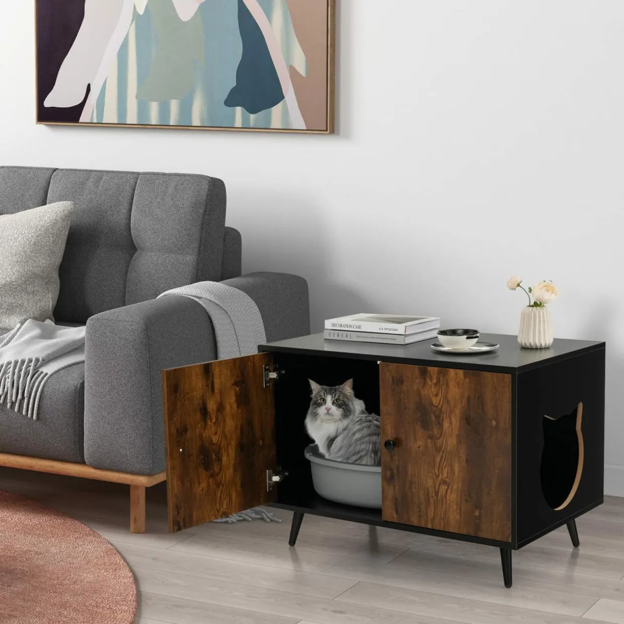 Tangkula Cat Litter Box Enclosure, Hidden Cat Washroom Cabinet with 2 Doors