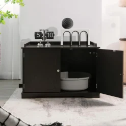 Tangkula Cat Litter Box Enclosure, Wooden Cat House Side Table w/Removable Divider