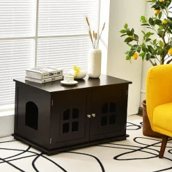 Tangkula Cat Litter Box Enclosure, Nightstand Cat House w/Double Doors & Windows