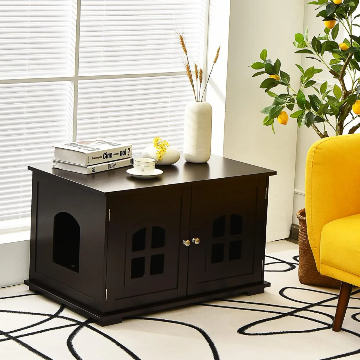 Tangkula Cat Litter Box Enclosure, Nightstand Cat House w/Double Doors & Windows