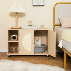 Tangkula Cat Litter Box Enclosure, Hidden Cat Washroom with Storage Shelf, Sisal Scratching Doors