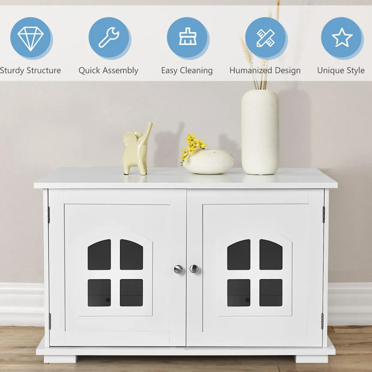 Tangkula Cat Litter Box Enclosure, Nightstand Cat House w/Double Doors & Windows