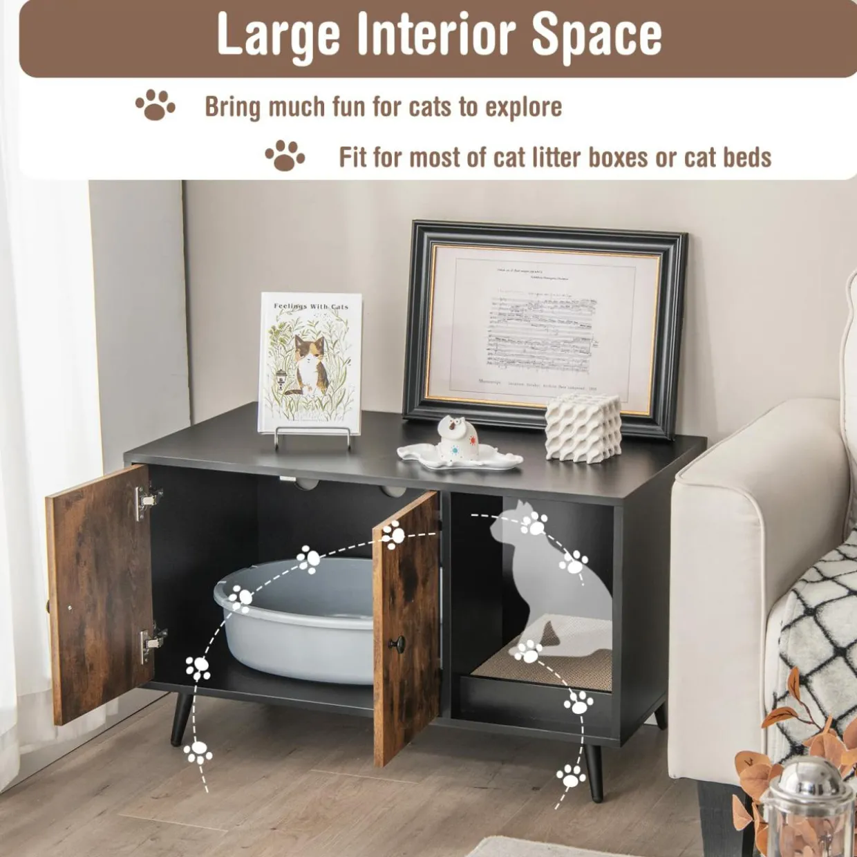 Tangkula Cat Litter Box Enclosure, Cat Washroom W/Divider