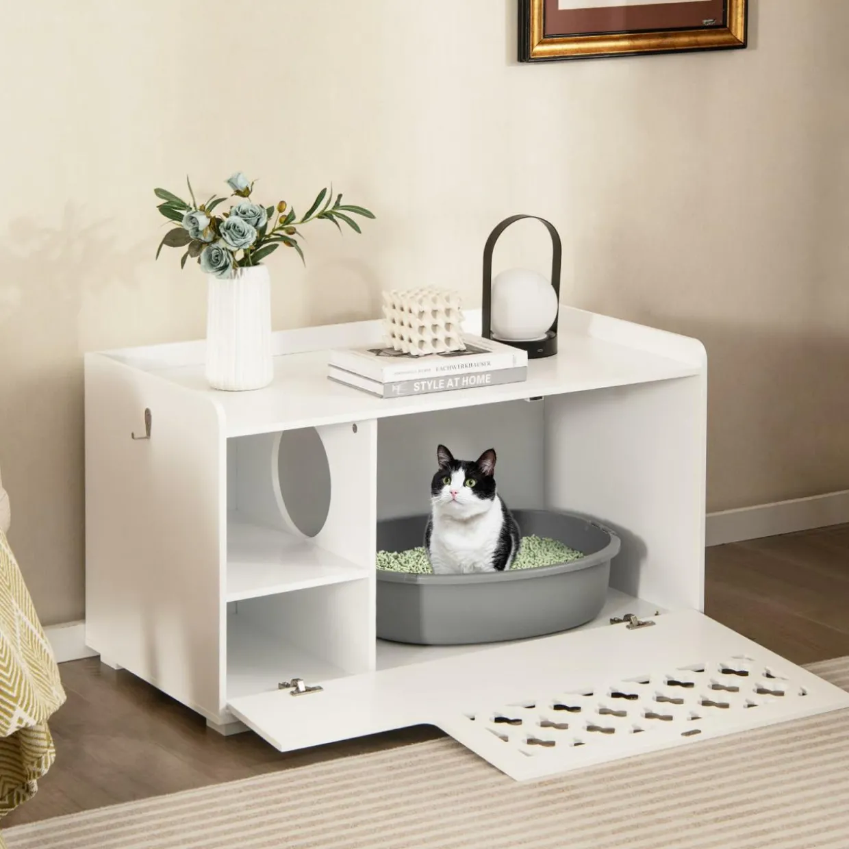 Tangkula Cat Litter Box Enclosure, Hidden Litter Box with Removable Cushion & Flip-Down Opening