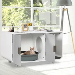 Tangkula Cat Litter Box Enclosure Furniture, Hidden Cat Washroom with Rubber Wood Legs & Mats