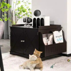 Tangkula Cat Litter Box Enclosure, Wooden Cat House Side Table w/Removable Divider