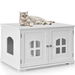 Tangkula Cat Litter Box Enclosure, Nightstand Cat House w/Double Doors & Windows