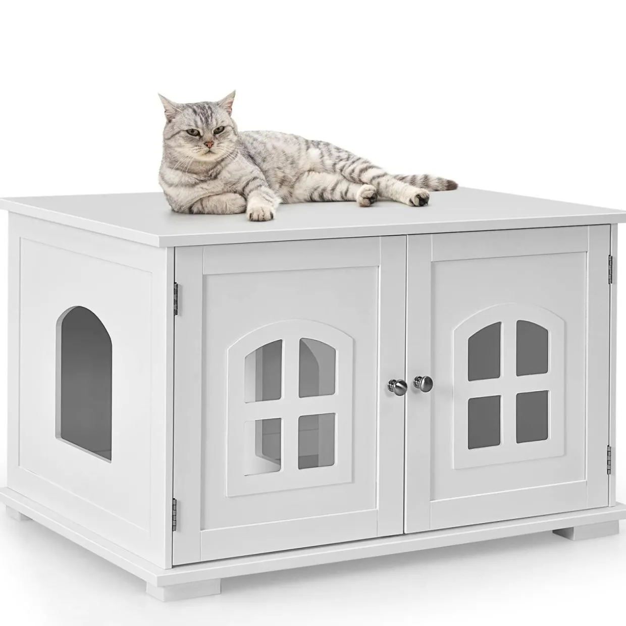 Tangkula Cat Litter Box Enclosure, Nightstand Cat House w/Double Doors & Windows