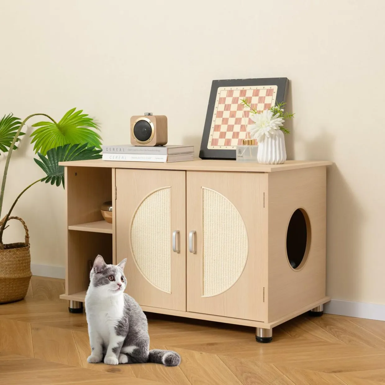 Tangkula Cat Litter Box Enclosure, Hidden Cat Washroom with Storage Shelf, Sisal Scratching Doors