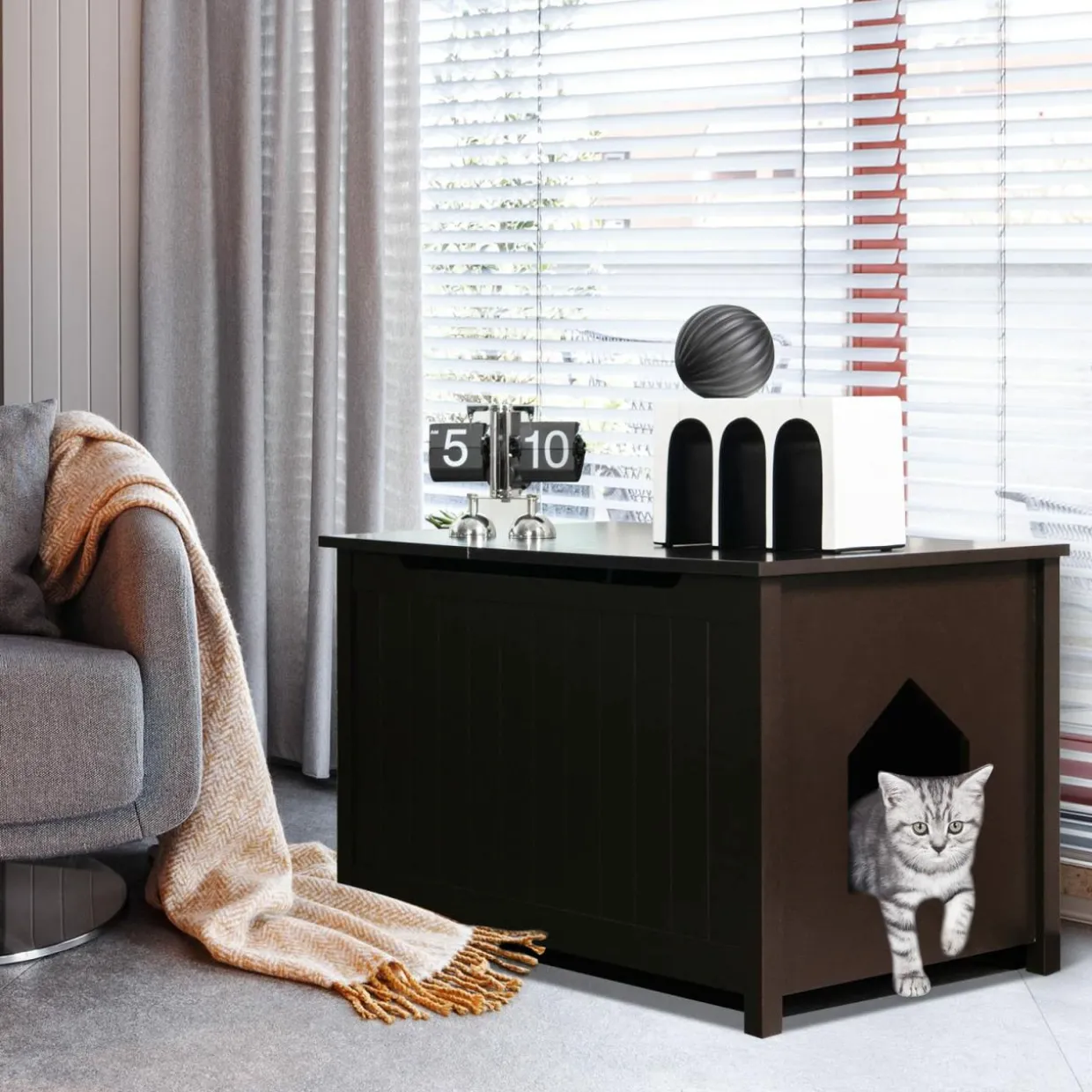 Tangkula Cat Litter Box Enclosure, Flip Top Hidden Cat Washroom with Removable Divider