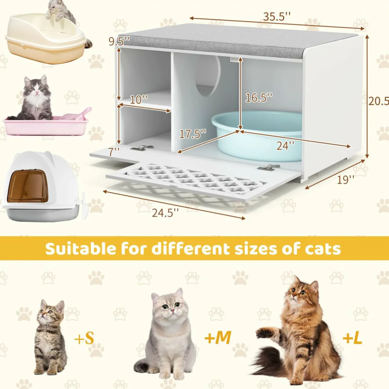 Tangkula Cat Litter Box Enclosure, Hidden Litter Box with Removable Cushion & Flip-Down Opening