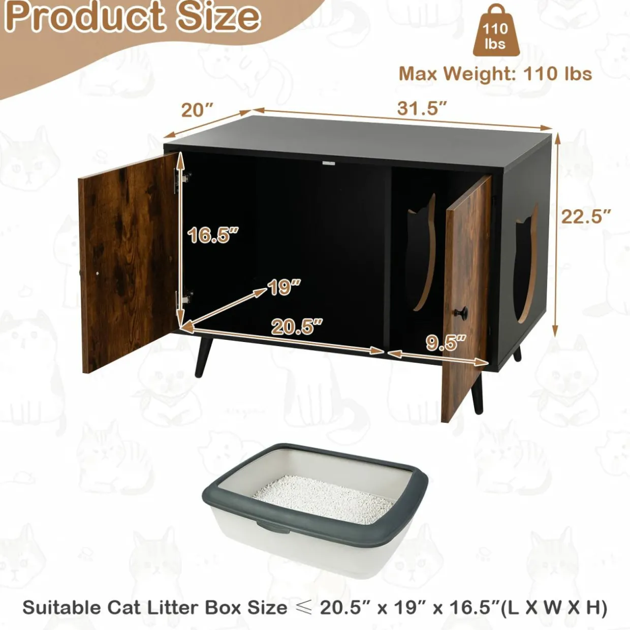 Tangkula Cat Litter Box Enclosure, Hidden Cat Washroom Cabinet with 2 Doors