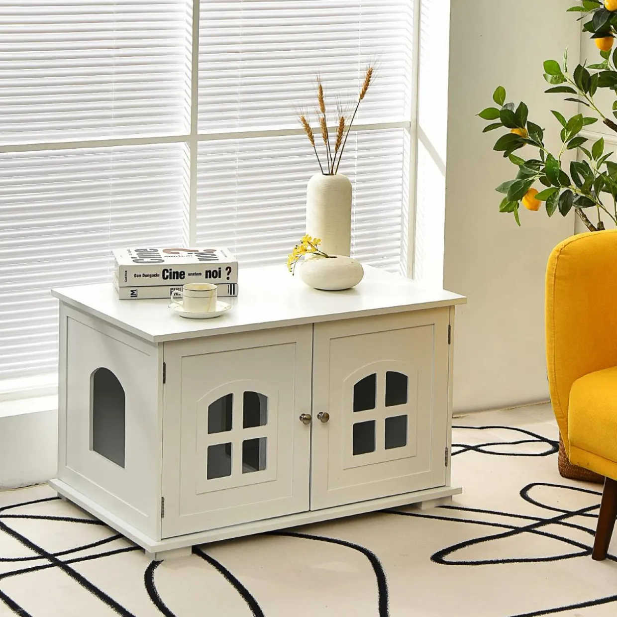 Tangkula Cat Litter Box Enclosure, Nightstand Cat House w/Double Doors & Windows