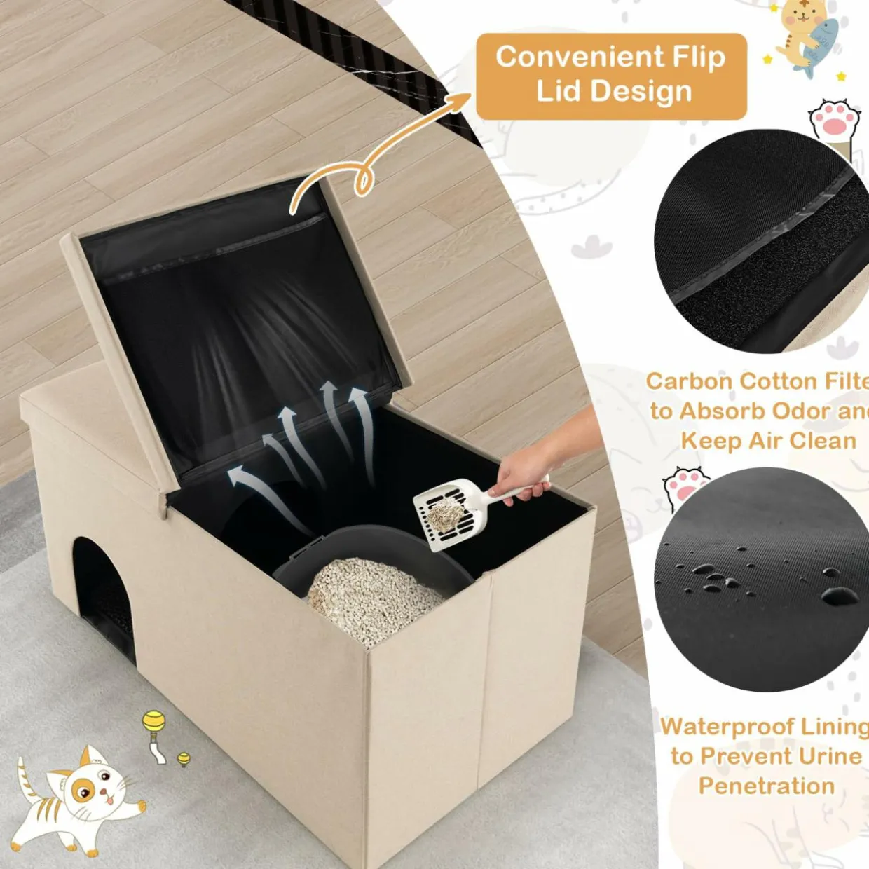 Tangkula Cat Litter Box Enclosure, Hidden Litter Box Furniture Ottoman with Urine Proof Litter Mat
