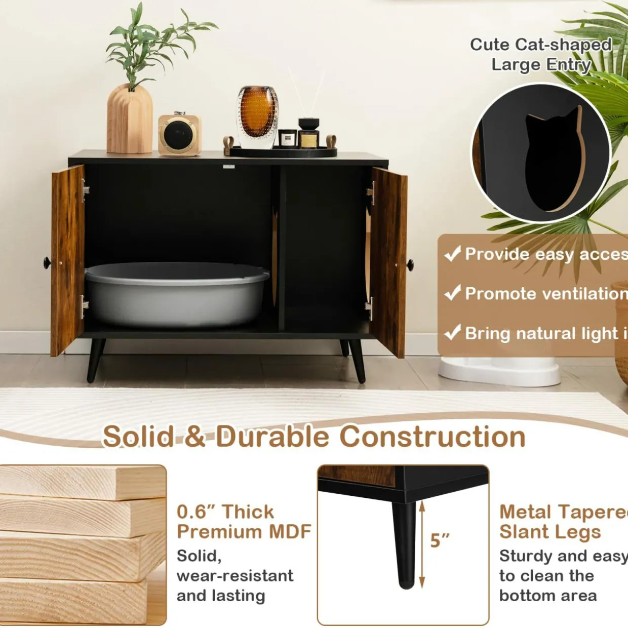 Tangkula Cat Litter Box Enclosure, Hidden Cat Washroom Cabinet with 2 Doors