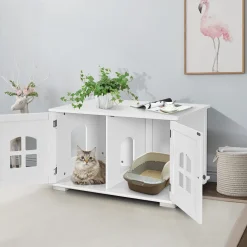 Tangkula Cat Litter Box Enclosure, Nightstand Cat House w/Double Doors & Windows