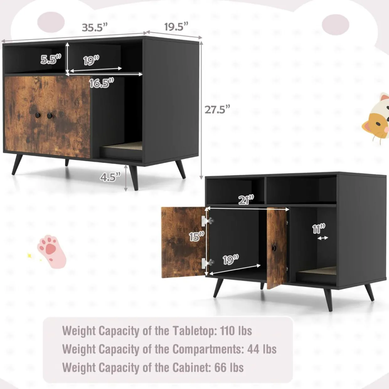 Tangkula Cat Litter Box Enclosure, Hidden Cat Washroom Furniture with Double Door Cabinet