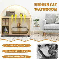 Tangkula Cat Litter Box Enclosure, Hidden Cat Washroom with Storage Shelf, Sisal Scratching Doors