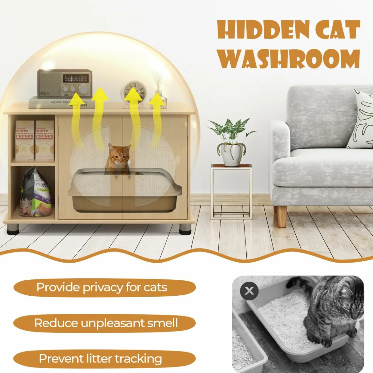 Tangkula Cat Litter Box Enclosure, Hidden Cat Washroom with Storage Shelf, Sisal Scratching Doors