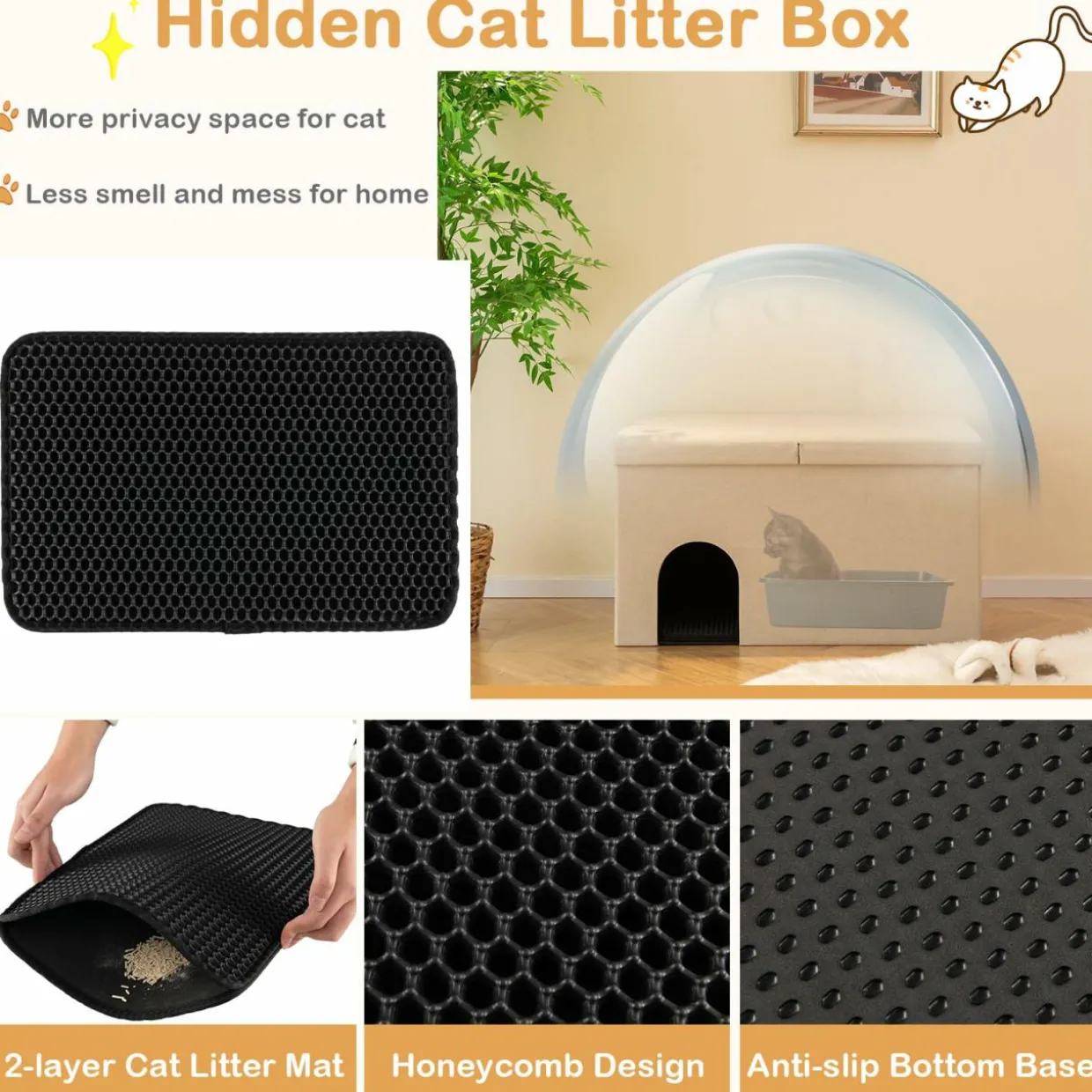 Tangkula Cat Litter Box Enclosure, Hidden Litter Box Furniture Ottoman with Urine Proof Litter Mat