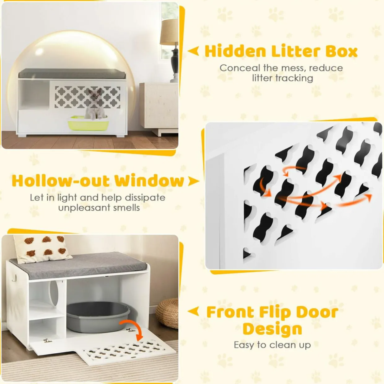 Tangkula Cat Litter Box Enclosure, Hidden Litter Box with Removable Cushion & Flip-Down Opening