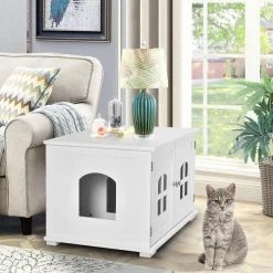 Tangkula Cat Litter Box Enclosure, Nightstand Cat House w/Double Doors & Windows