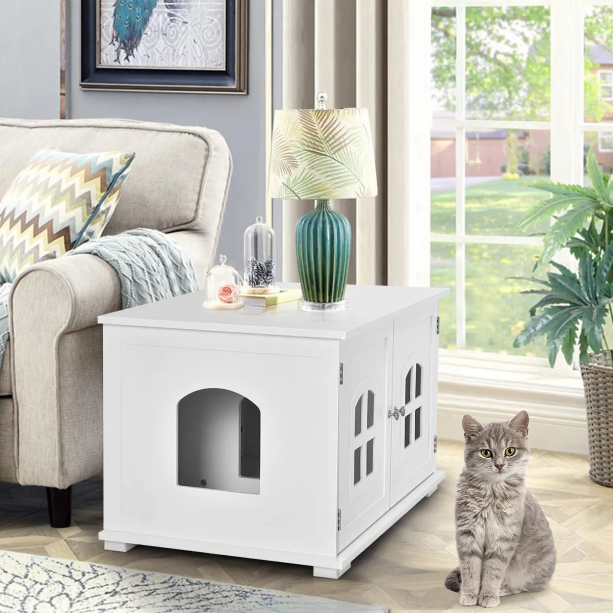 Tangkula Cat Litter Box Enclosure, Nightstand Cat House w/Double Doors & Windows