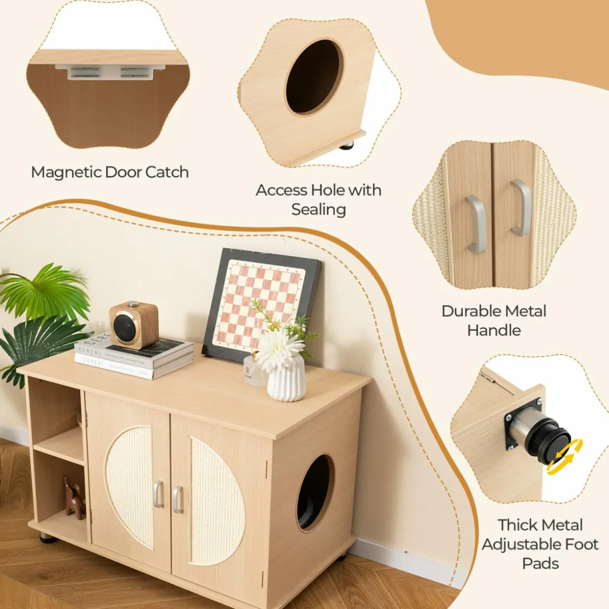 Tangkula Cat Litter Box Enclosure, Hidden Cat Washroom with Storage Shelf, Sisal Scratching Doors