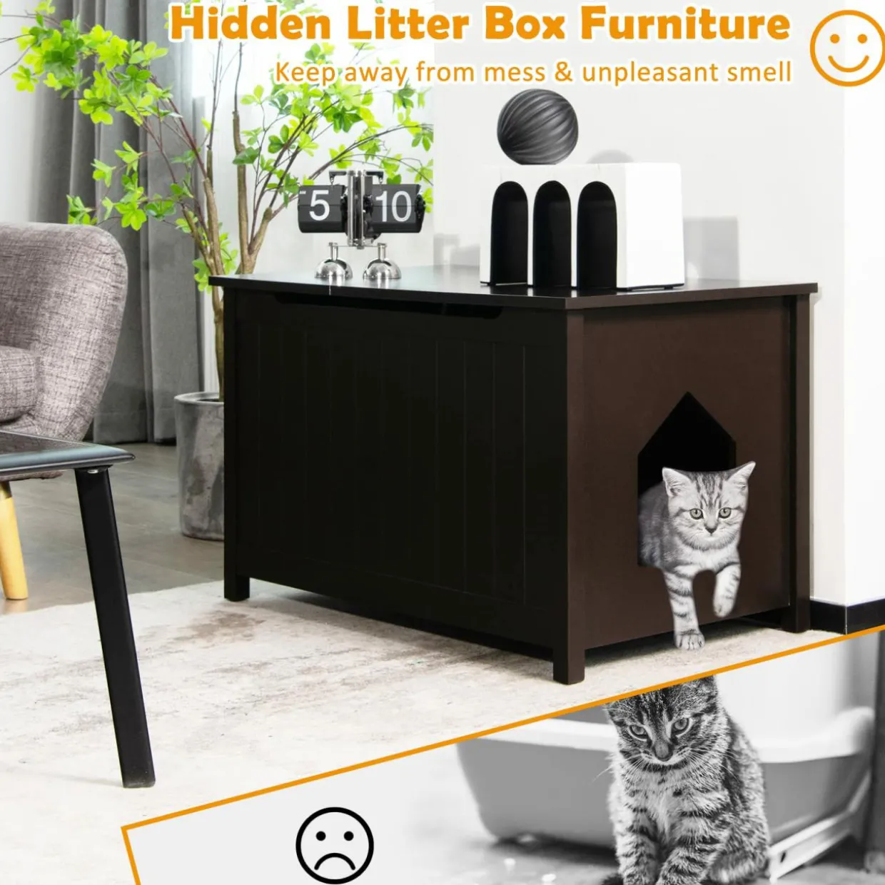 Tangkula Cat Litter Box Enclosure, Flip Top Hidden Cat Washroom with Removable Divider