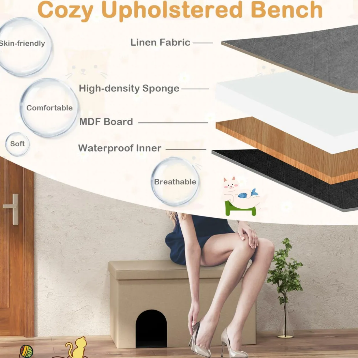 Tangkula Cat Litter Box Enclosure, Hidden Litter Box Furniture Ottoman with Urine Proof Litter Mat