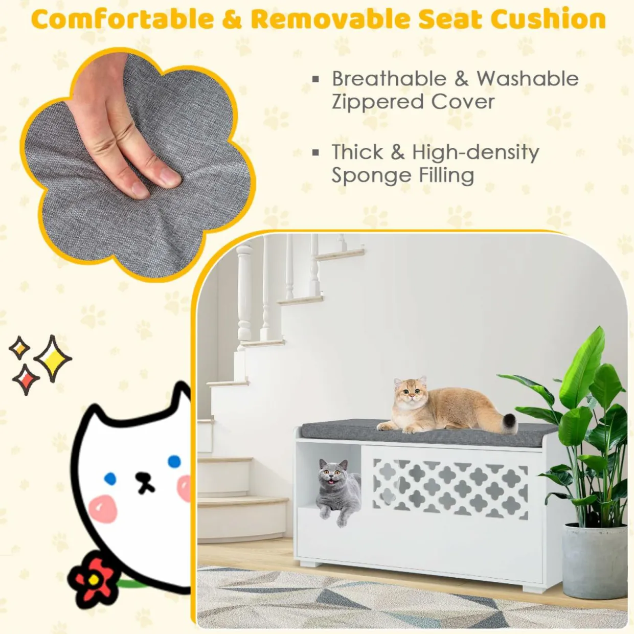 Tangkula Cat Litter Box Enclosure, Hidden Litter Box with Removable Cushion & Flip-Down Opening