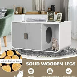 Tangkula Cat Litter Box Enclosure Furniture, Hidden Cat Washroom with Rubber Wood Legs & Mats