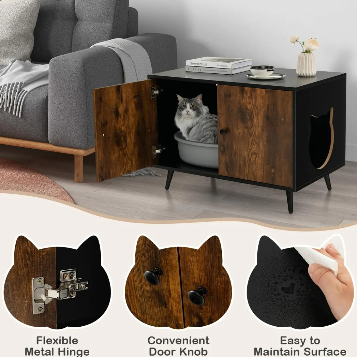 Tangkula Cat Litter Box Enclosure, Hidden Cat Washroom Cabinet with 2 Doors
