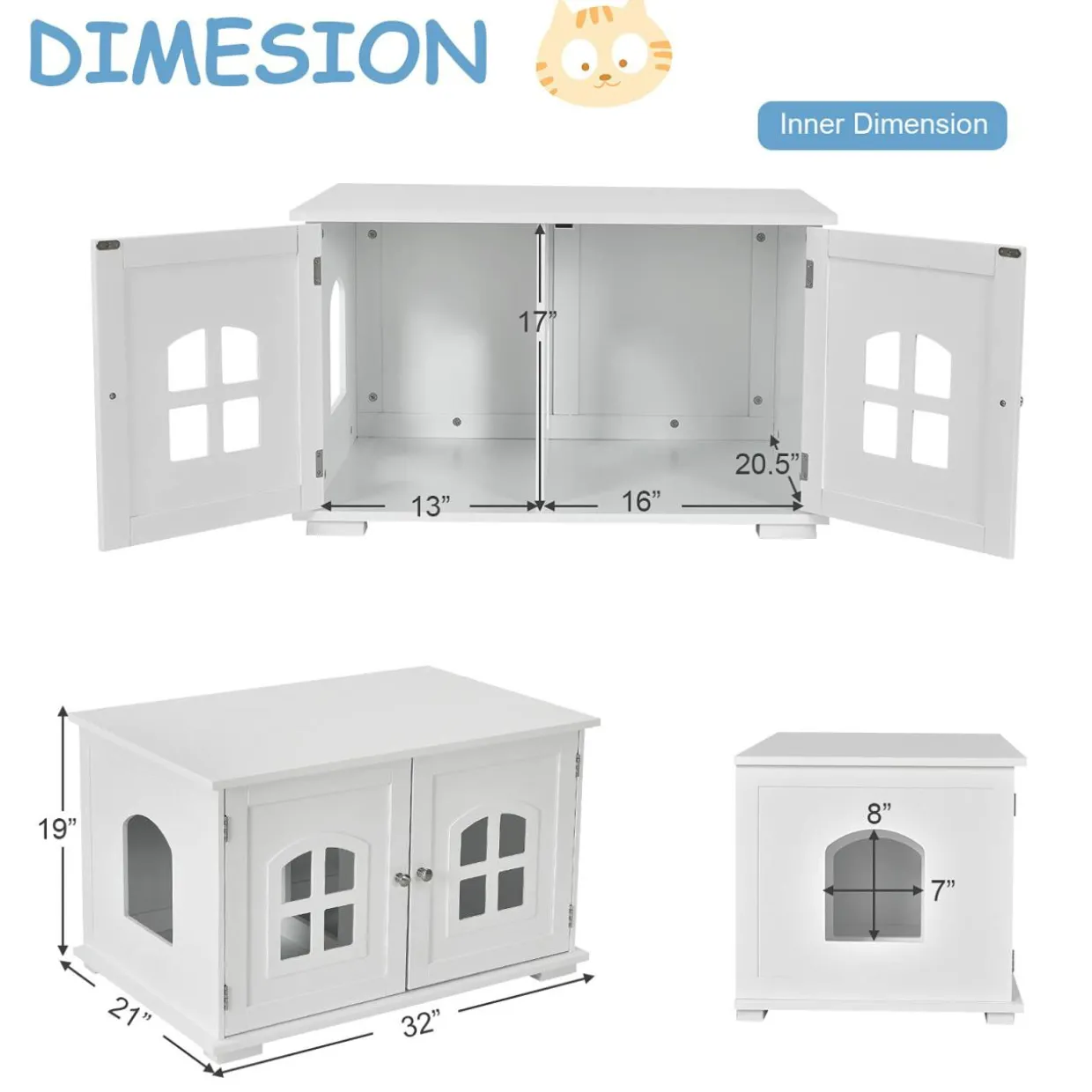 Tangkula Cat Litter Box Enclosure, Nightstand Cat House w/Double Doors & Windows