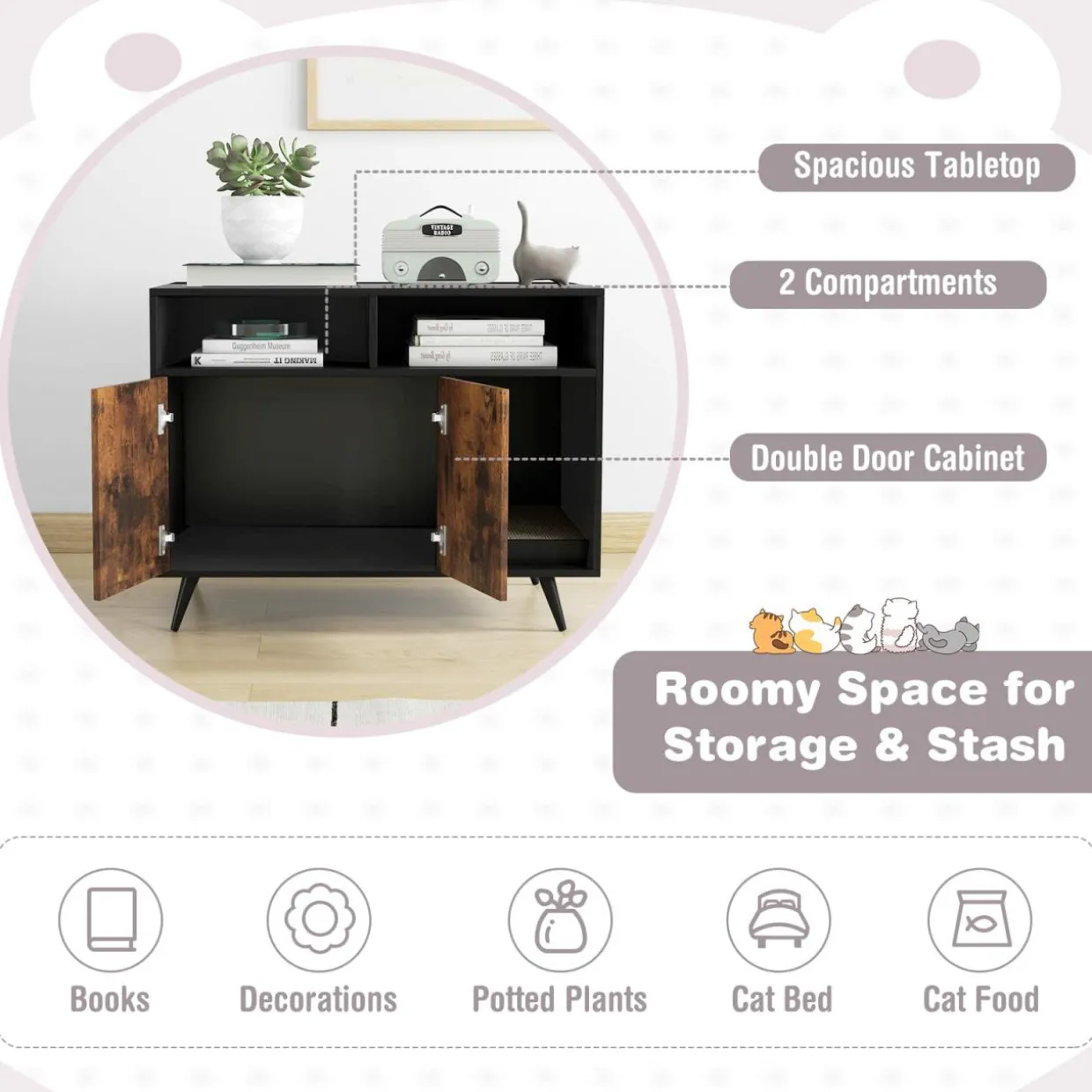 Tangkula Cat Litter Box Enclosure, Hidden Cat Washroom Furniture with Double Door Cabinet
