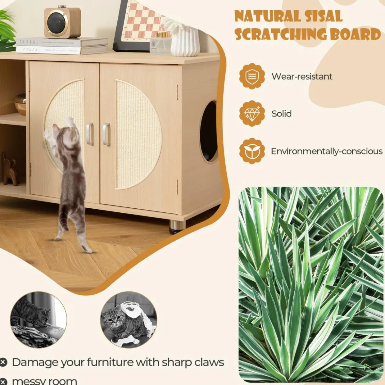 Tangkula Cat Litter Box Enclosure, Hidden Cat Washroom with Storage Shelf, Sisal Scratching Doors