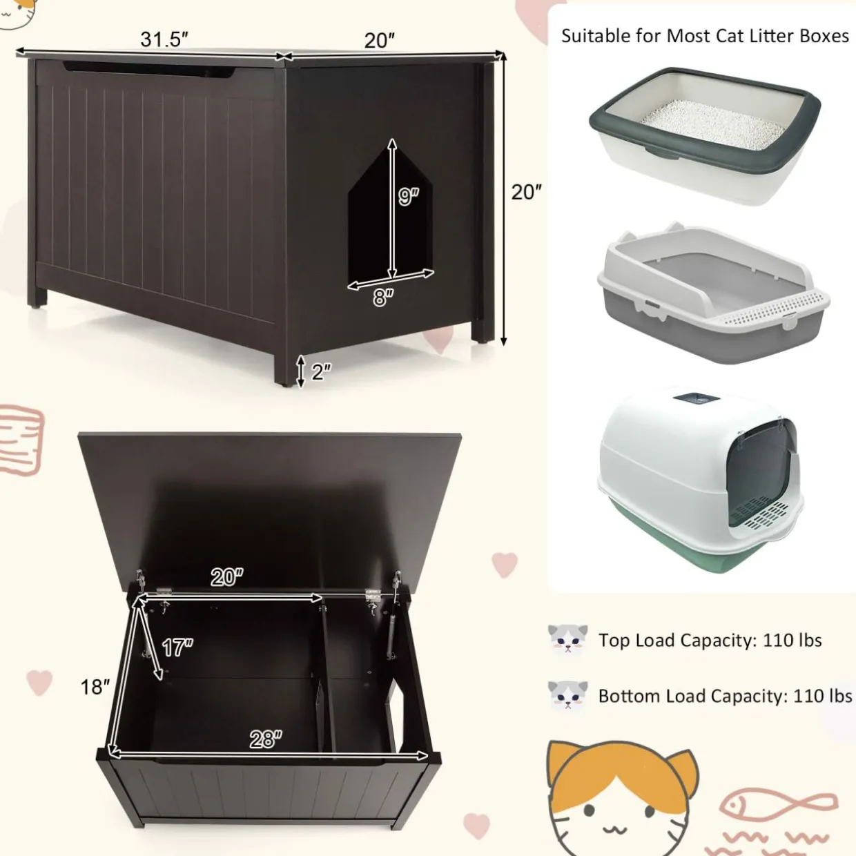 Tangkula Cat Litter Box Enclosure, Flip Top Hidden Cat Washroom with Removable Divider