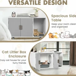 Tangkula Cat Litter Box Enclosure Furniture, Hidden Cat Washroom with Rubber Wood Legs & Mats