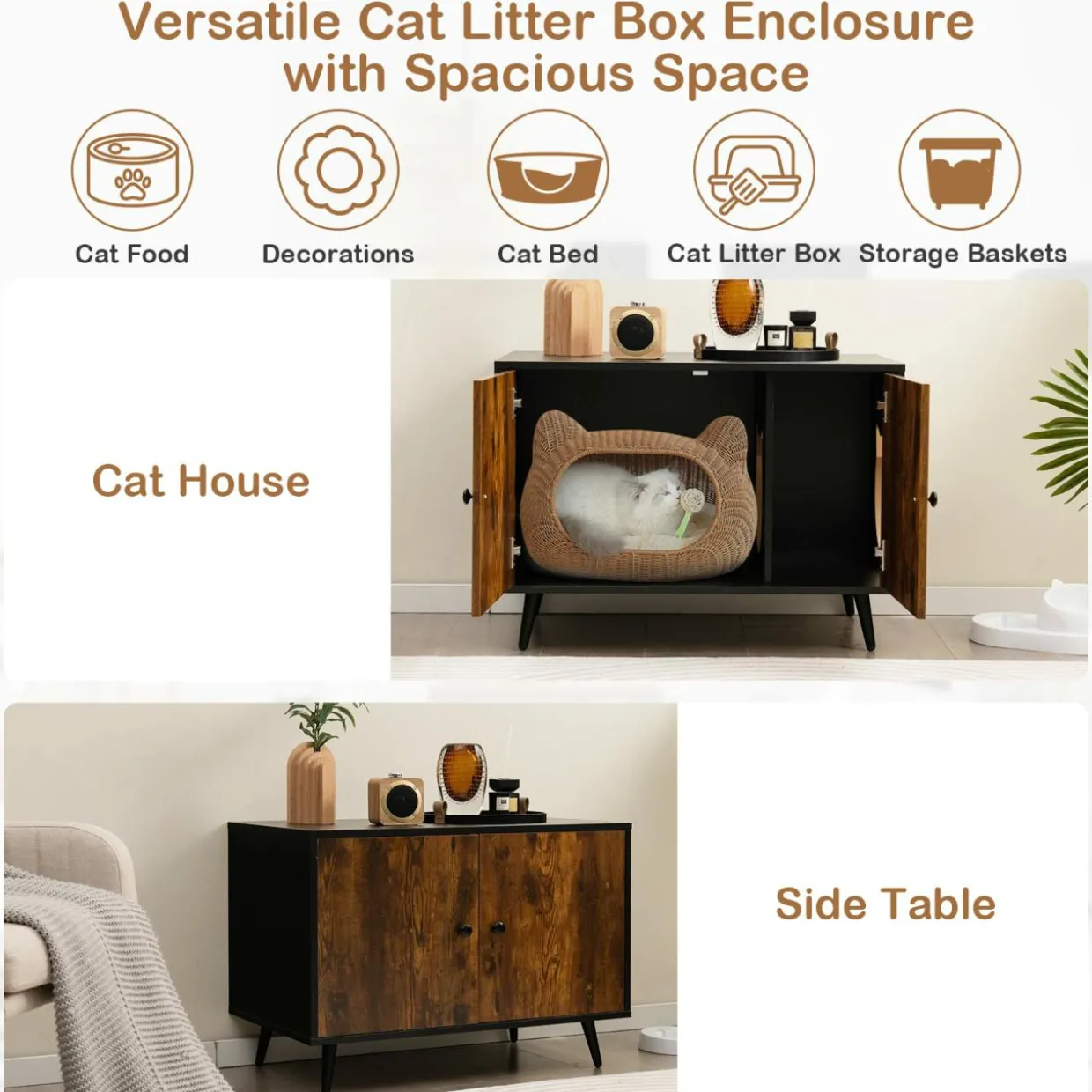 Tangkula Cat Litter Box Enclosure, Hidden Cat Washroom Cabinet with 2 Doors