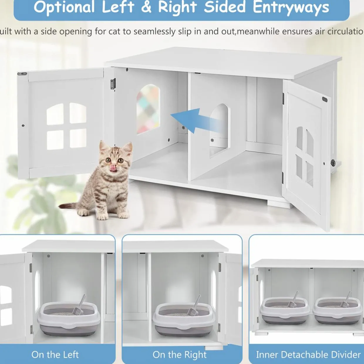 Tangkula Cat Litter Box Enclosure, Nightstand Cat House w/Double Doors & Windows