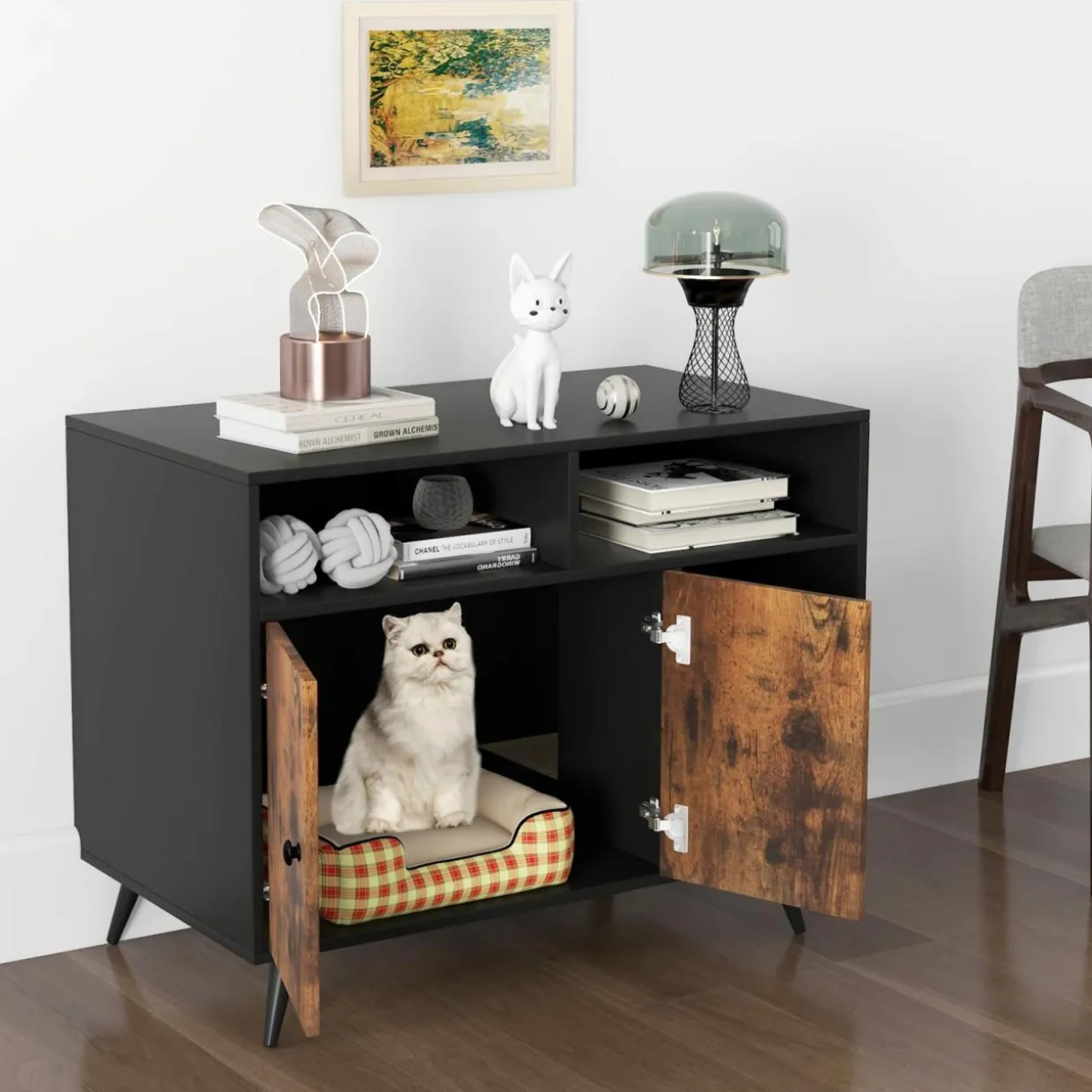 Tangkula Cat Litter Box Enclosure, Hidden Cat Washroom Furniture with Double Door Cabinet