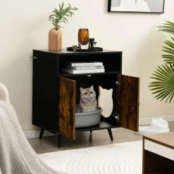 Tangkula Cat Litter Box Enclosure, 2-in-1 Cat Washroom Cabinet with Open Compartment