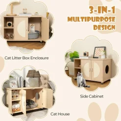 Tangkula Cat Litter Box Enclosure, Hidden Cat Washroom with Storage Shelf, Sisal Scratching Doors