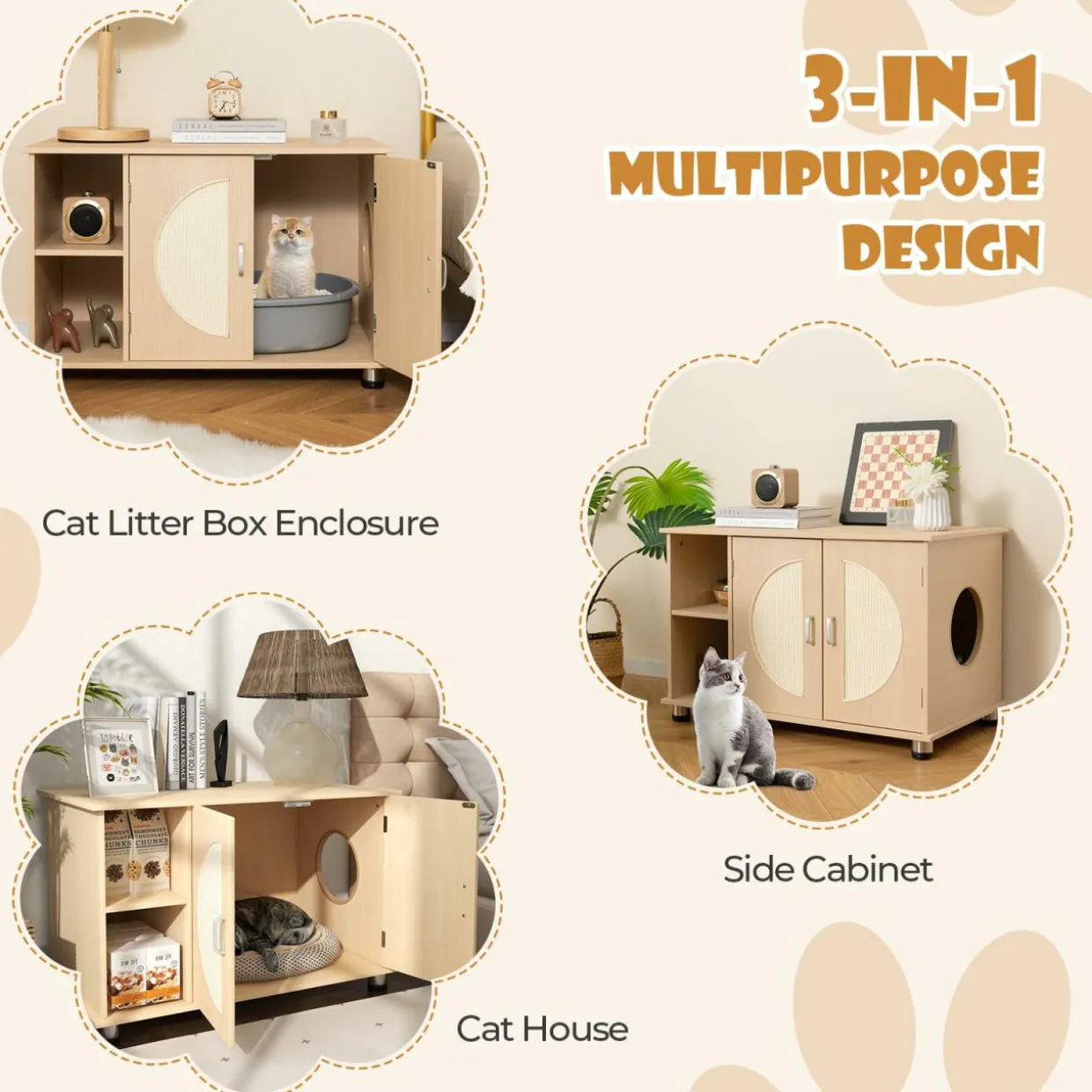 Tangkula Cat Litter Box Enclosure, Hidden Cat Washroom with Storage Shelf, Sisal Scratching Doors