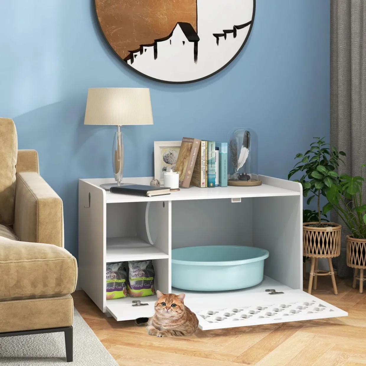 Tangkula Cat Litter Box Enclosure, Hidden Litter Box with Removable Cushion & Flip-Down Opening