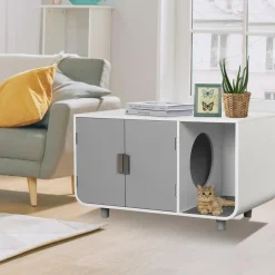 Tangkula Cat Litter Box Enclosure Furniture, Hidden Cat Washroom with Rubber Wood Legs & Mats
