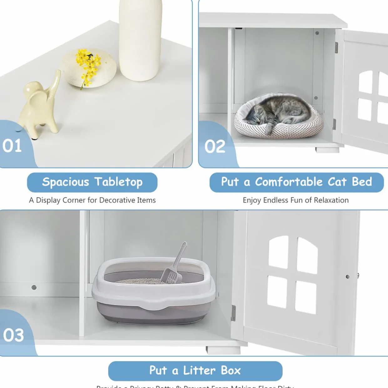 Tangkula Cat Litter Box Enclosure, Nightstand Cat House w/Double Doors & Windows