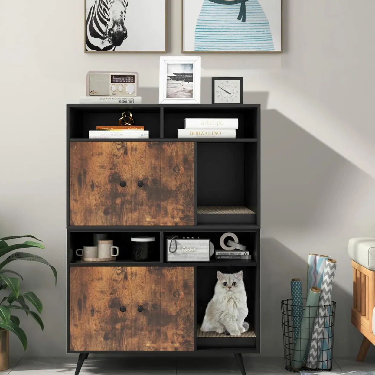 Tangkula Cat Litter Box Enclosure, Hidden Cat Washroom Furniture with Double Door Cabinet