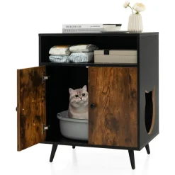 Tangkula Cat Litter Box Enclosure, 2-in-1 Cat Washroom Cabinet with Open Compartment
